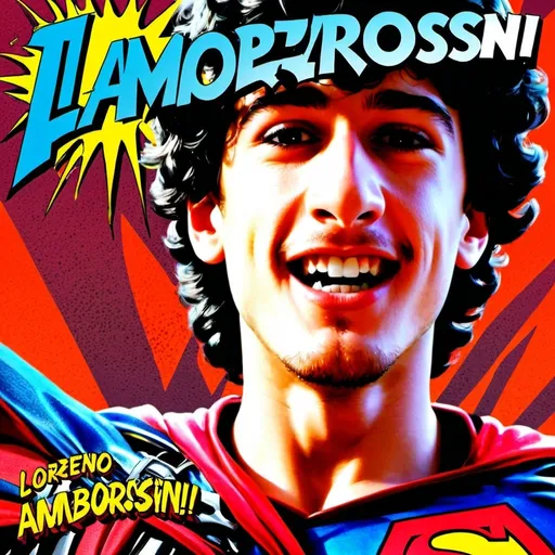 Prompt: (accurately spelled text "Lorenzo ambrosini"), a vibrant (superhero) chromosome wearing a flowing cape, displayed heroically against a bright, dynamic background, showcasing a sense of power and vitality, colorful energy radiating, bold contrasts, highlighted details, capturing a fun and imaginative essence, ideally suited for comic art, ultra-detailed, HD quality.