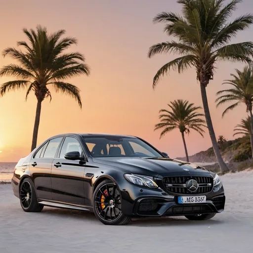 Prompt: E63 on a beach with palm trees at sunset