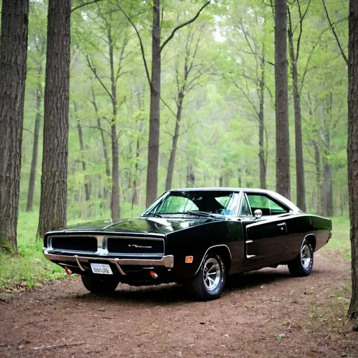 Prompt: Dodge charger in the woods