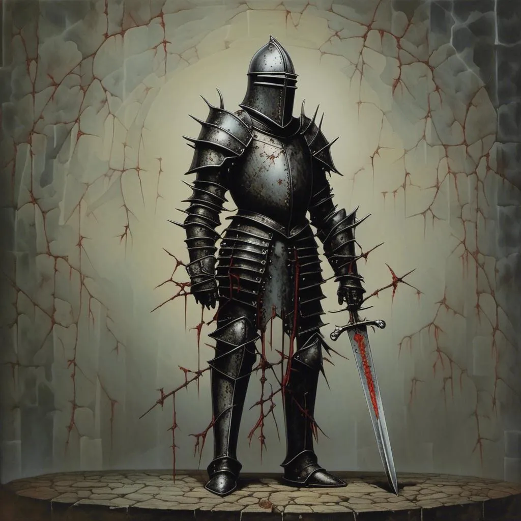 Prompt: knight of thorns, medieval helm, full body view, dark background, high detail<mymodel>