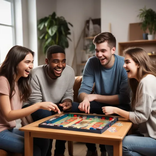 Prompt: A group of six young adults (three men and three women) playing a board game together in a cozy and lively setting. They are smiling, engaged, and enjoying the game. The environment is modern and well-lit, with a warm and friendly atmosphere. The players have diverse expressions, showing excitement, concentration, and fun interactions. The image should have a vibrant and youthful style, fitting for a social event app like Peaka.