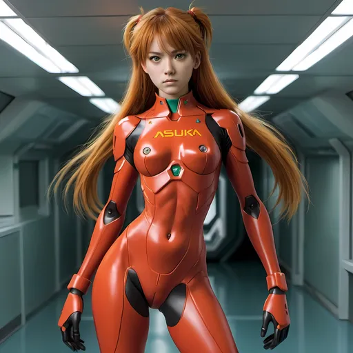 Prompt: asuka langley anime character full body with the original suit and her eva behind, 

