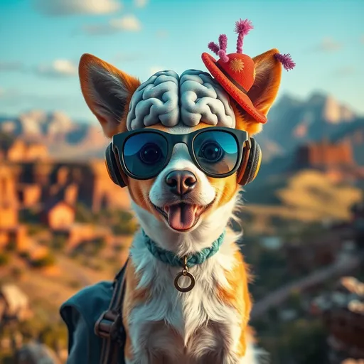 Prompt:  (central concept Dog), whimsical composition, (brain) creatively integrated, (travellers) exploring their journey, playful elements, vibrant colors, warm tones, adventurous spirit, dynamic background of scenic landscapes, (detailed textures), 4K, ultra-detailed, (joyful atmosphere), imaginative and engaging scene embodying curiosity and exploration.