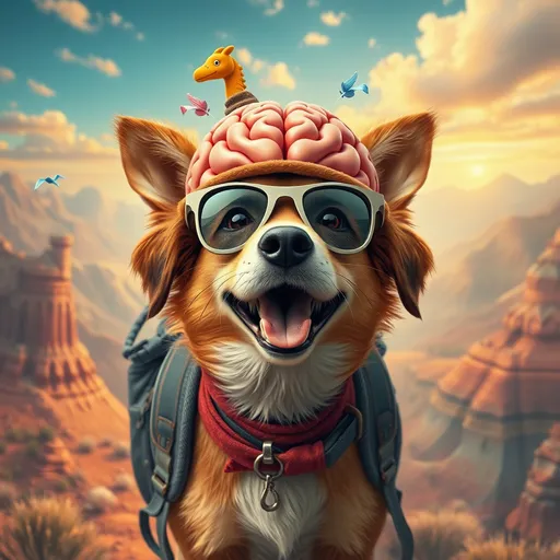 Prompt:  (central concept Dog), whimsical composition, (brain) creatively integrated, (travellers) exploring their journey, playful elements, vibrant colors, warm tones, adventurous spirit, dynamic background of scenic landscapes, (detailed textures), 4K, ultra-detailed, (joyful atmosphere), imaginative and engaging scene embodying curiosity and exploration.