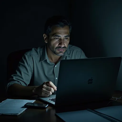 Prompt: can i get a video of a man middle aged latino doing work on a computer in the middle of the night. at his desk. spooky scene next to the laptop is a cell phone it rings and he picks it up. he says hello but no one is picking up he looks confused.



