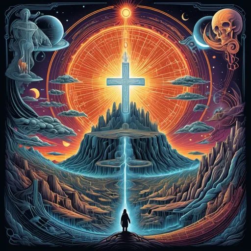 Prompt: infographic bible story with text using handwiriting font, dan mumford and alex grey style, evangelionic illustration, scifi religious, highly detailed visionary art, visionary art style,