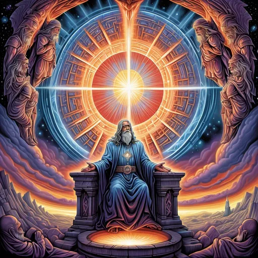 Prompt: dan mumford and alex grey style, evangelionic illustration, scifi religious, highly detailed visionary art, visionary art style,, Micaiah continued, “Therefore hear the word of the Lord: I saw the Lord sitting on his throne with all the multitudes of heaven standing on his right and on his left. 19 And the Lord said, ‘Who will entice Ahab king of Israel into attacking Ramoth Gilead and going to his death there?’

“One suggested this, and another that. 20 Finally, a spirit came forward, stood before the Lord and said, ‘I will entice him.’

“‘By what means?’ the Lord asked.

21 “‘I will go and be a deceiving spirit in the mouths of all his prophets,’ he said.

“‘You will succeed in enticing him,’ said the Lord. ‘Go and do it.’

22 “So now the Lord has put a deceiving spirit in the mouths of these prophets of yours. The Lord has decreed disaster for you.”

23 Then Zedekiah son of Kenaanah went up and slapped Micaiah in the face. “Which way did the spirit from[a] the Lord go when he went from me to speak to you?” he asked.

24 Micaiah replied, “You will find out on the day you go to hide in an inner room.”

25 The king of Israel then ordered, “Take Micaiah and send him back to Amon the ruler of the city and to Joash the king’s son, 26 and say, ‘This is what the king says: Put this fellow in prison and give him nothing but bread and water until I return safely.’”

27 Micaiah declared, “If you ever return safely, the Lord has not spoken through me.” Then he added, “Mark my words, all you people!”