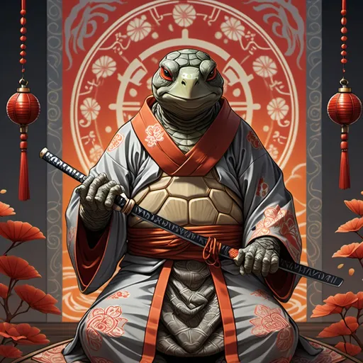 Prompt: tarot card Anime illustration, a humanoid turtle as a japanese monk, detailed ornate cloth robe, dramatic lighting, red, gray, orange palette. Katana with turtle ornaments