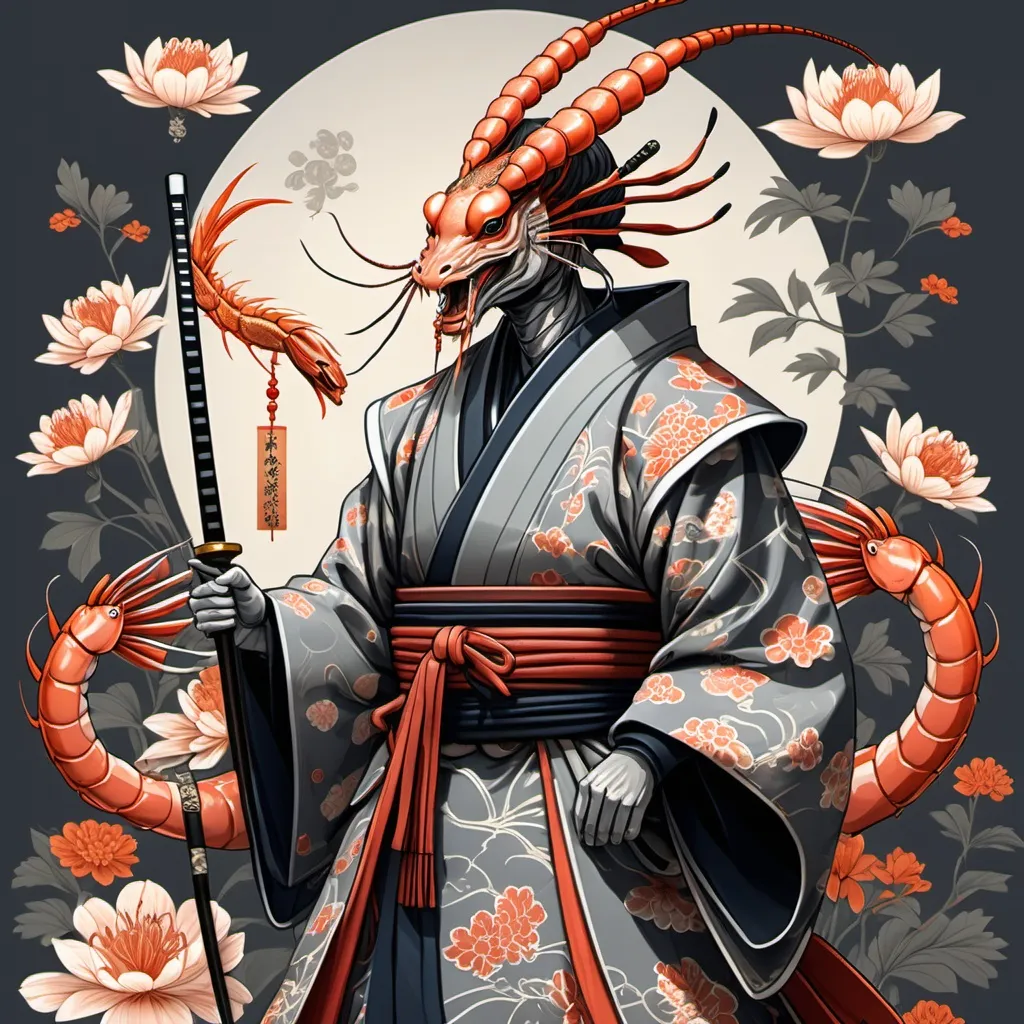 Prompt: tarot card Anime illustration, full body of a prawn headed japanese shogun, detailed ornate cloth robe, dramatic lighting, red, gray, orange palette. Katana with floral ornaments