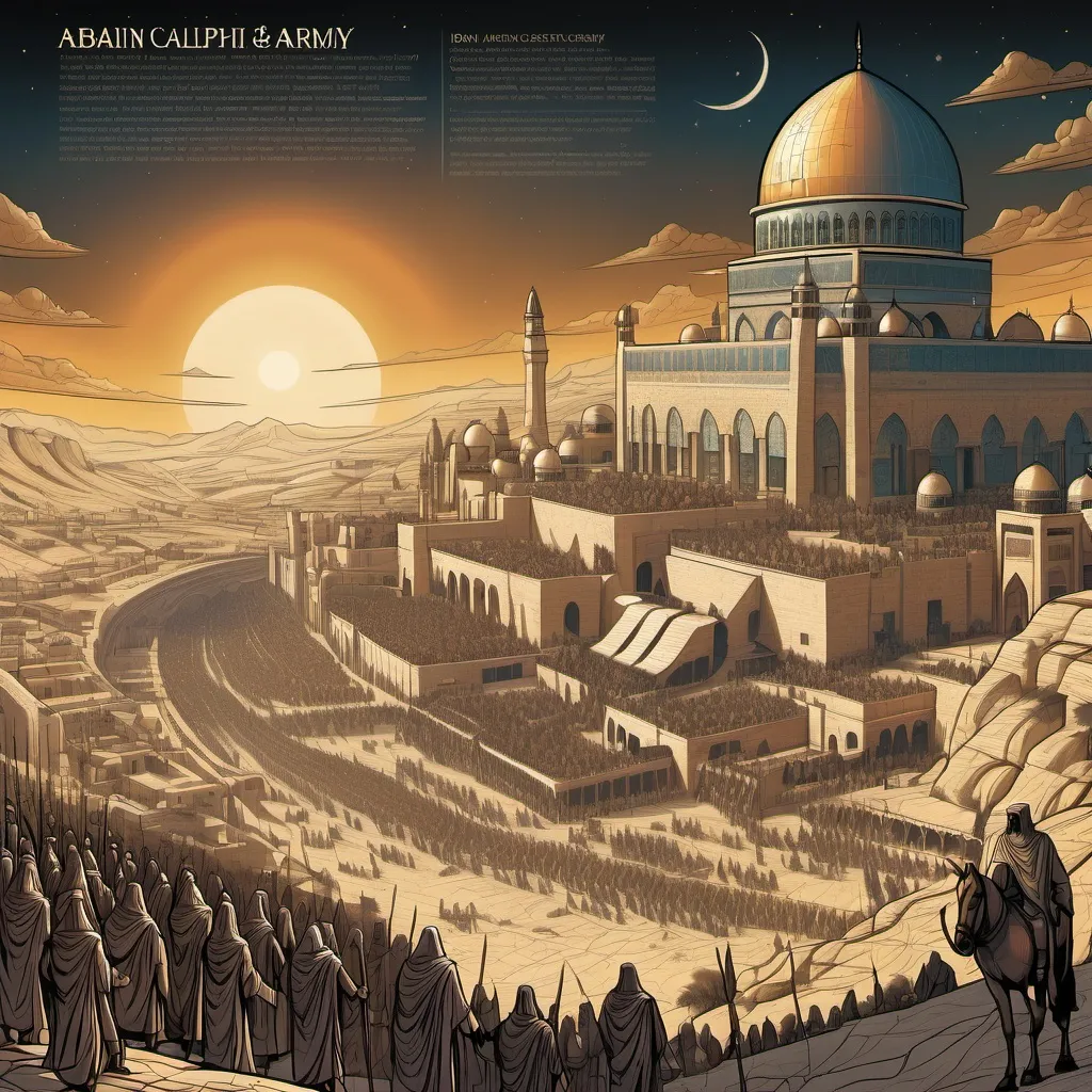 Prompt: infographic of arabian caliph ancient army conquest to jerusalem, with top and bottom text using handwiriting font, dan mumford and alex grey style, evangelionic illustration, scifi religious, highly detailed visionary art, visionary art style, thin outline