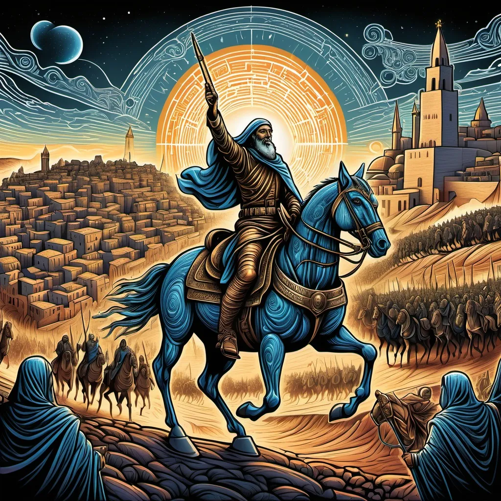 Prompt: infographic with top and bottom text using handwiriting font, saladdin riding horse leading army towards jerusalem,  dan mumford and alex grey style, evangelionic illustration, scifi religious, highly detailed visionary art, visionary art style, thin outline