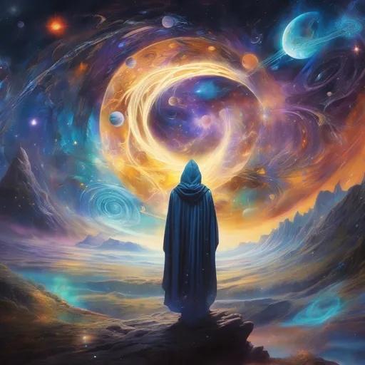 Prompt: A mystical scene depicts a hooded figure standing on an otherworldly landscape, facing a celestial being with flowing hair and wings. Text from 2 Chronicles 18:20 is integrated into the image, adding a scriptural context. The background swirls with vibrant cosmic colors, intertwining galaxies, and planets. A glowing light emanates from the celestial figure, illuminating the atmosphere. In the foreground, modern electronic devices, including computers with graphical displays, contrast against the ethereal setting.