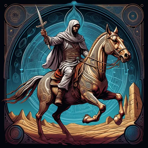 Prompt: infographic of assassin order murdering arab king on horse, with top and bottom text using handwiriting font, dan mumford and alex grey style, evangelionic illustration, scifi religious, highly detailed visionary art, visionary art style, thin outline