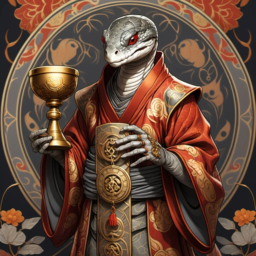 Prompt: tarot card Anime illustration, a humanoid viper as a japanese monk, detailed ornate cloth robe, dramatic lighting, red, gray, orange palette. golden chalice with turtle ornaments