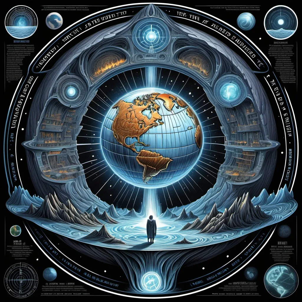 Prompt: infographic of hollow earth with text using handwiriting font, dan mumford and alex grey style, evangelionic illustration, scifi religious, highly detailed visionary art, visionary art style,