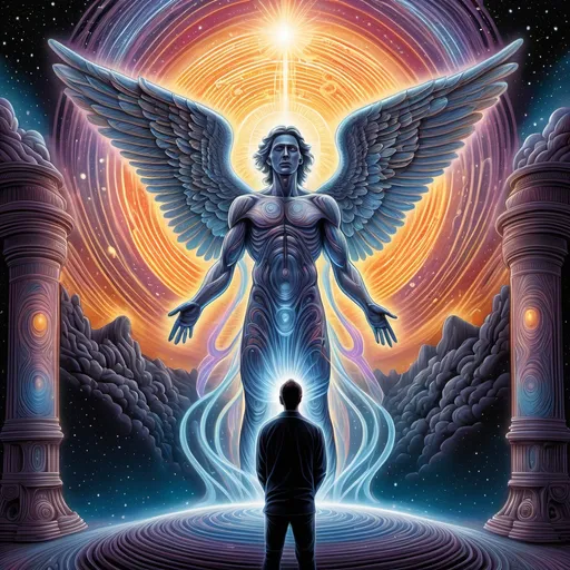 Prompt: an illustration of an angel and a man standing in front of an image of a, dan mumford and alex grey style, evangelionic illustration, scifi religious, highly detailed visionary art, visionary art style, el bosco and dan mumford, digital visionary art, spiritual scene, the creator, spiritual imagination of duality, nocturnal spiritual scene, astral appearance, cosmic enlightenment, the creator of the universe, hyper detailed visionary art, dmt ego death, visionary art, beings of light technology, concept art of god, epic biblical depiction