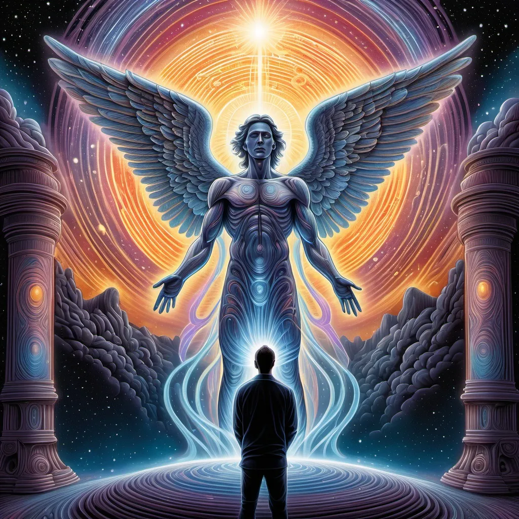 Prompt: an illustration of an angel and a man standing in front of an image of a, dan mumford and alex grey style, evangelionic illustration, scifi religious, highly detailed visionary art, visionary art style, el bosco and dan mumford, digital visionary art, spiritual scene, the creator, spiritual imagination of duality, nocturnal spiritual scene, astral appearance, cosmic enlightenment, the creator of the universe, hyper detailed visionary art, dmt ego death, visionary art, beings of light technology, concept art of god, epic biblical depiction