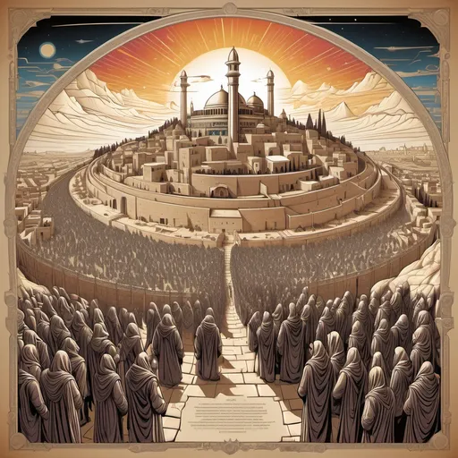 Prompt: infographic of caliph conquest to jerusalem with text using handwiriting font, dan mumford and alex grey style, evangelionic illustration, scifi religious, highly detailed visionary art, visionary art style, thin outline