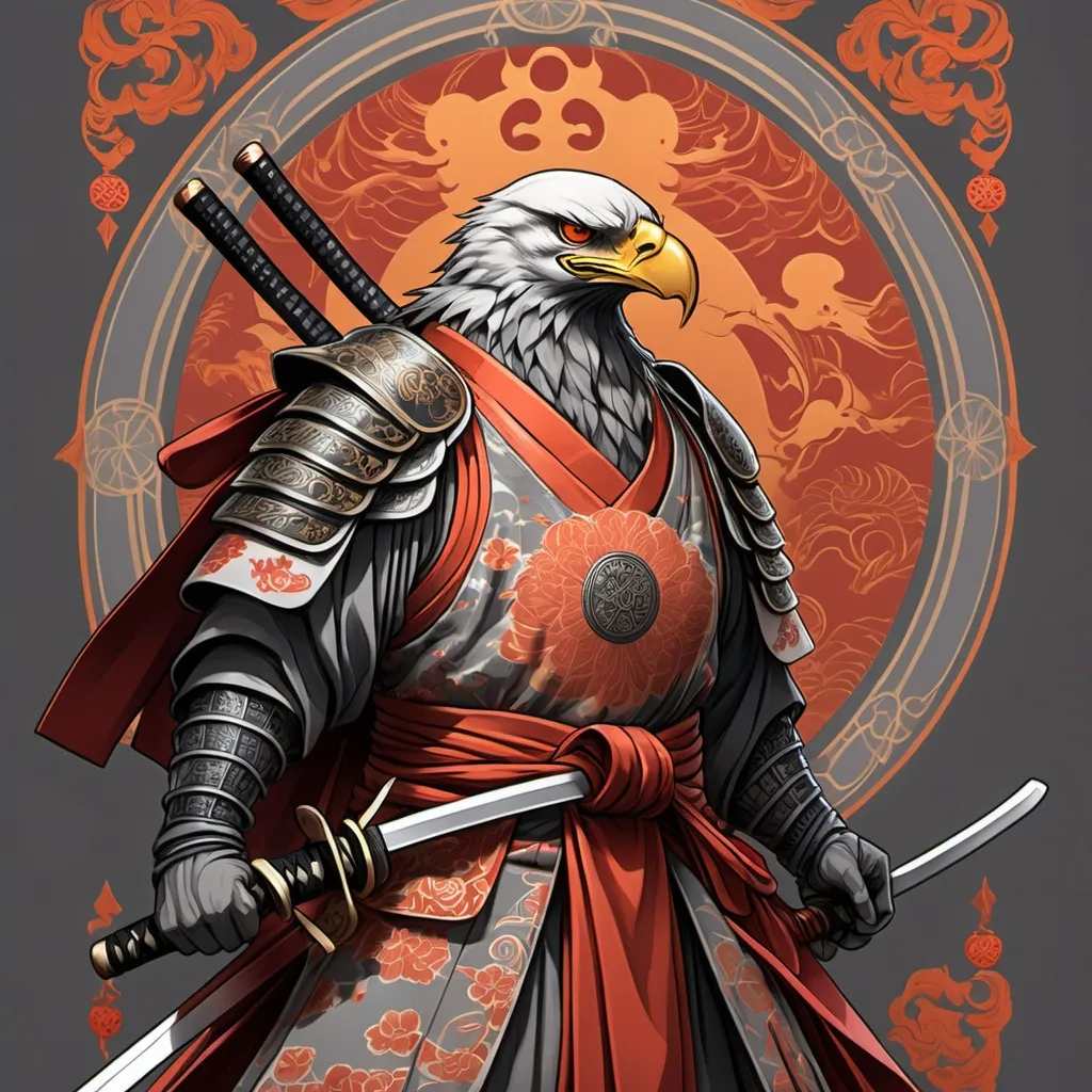 Prompt: tarot card Anime illustration, a samurai, detailed ornate cloth robe, dramatic lighting, red, gray, orange palette. Katana with eagle ornaments