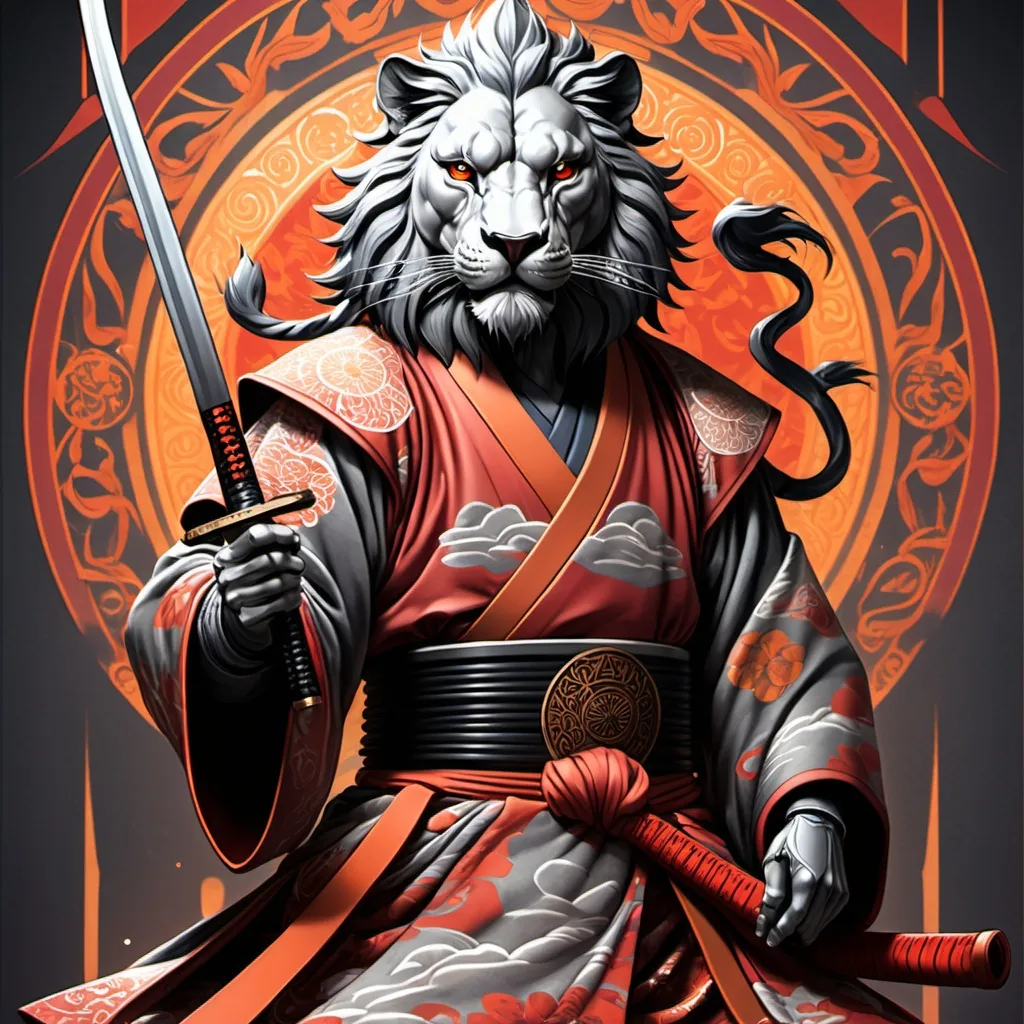 Prompt: tarot card Anime illustration, a samurai, detailed ornate cloth robe, dramatic lighting, red, gray, orange palette. Katana with lion ornaments