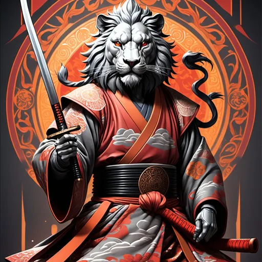 Prompt: tarot card Anime illustration, a samurai, detailed ornate cloth robe, dramatic lighting, red, gray, orange palette. Katana with lion ornaments