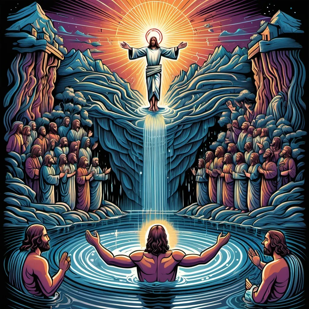 Prompt: infographic of jesus baptism with text using handwiriting font, dan mumford and alex grey style, evangelionic illustration, scifi religious, highly detailed visionary art, visionary art style,