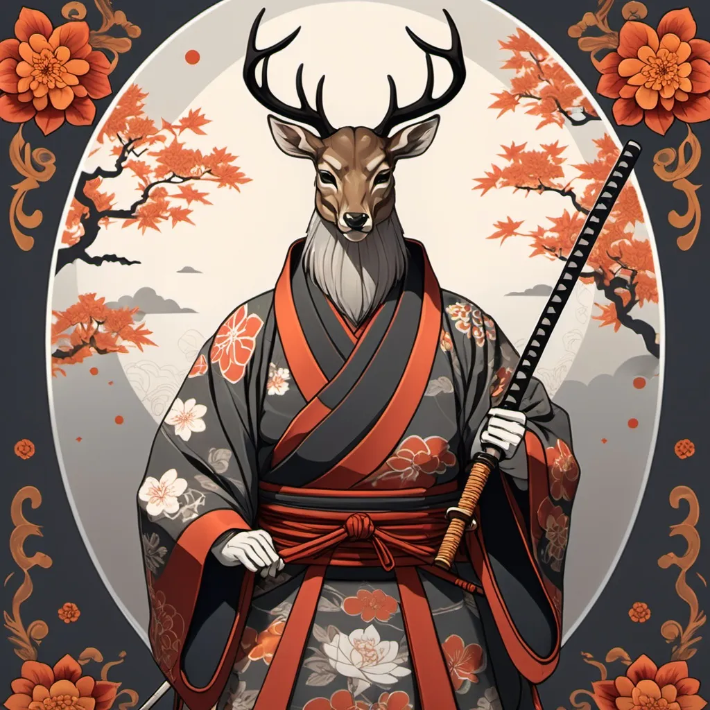 Prompt: tarot card Anime illustration, full body of a deer headed japanese shogun, detailed ornate cloth robe, dramatic lighting, red, gray, orange palette. Katana with floral ornaments