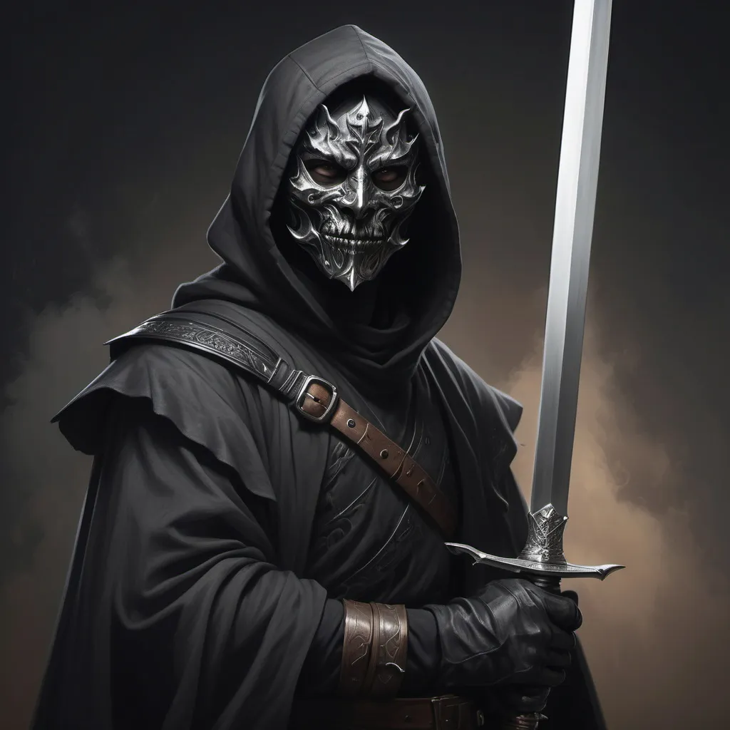 Prompt: hyper-realistic  character with a sword by his side,  dressed in black, a scary grey mask, fantasy character art, illustration, dnd, warm tone