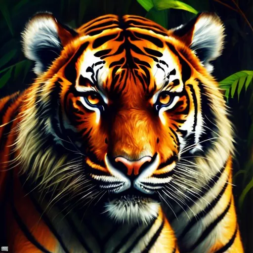 Prompt: Realistic oil painting of a powerful tiger, vibrant orange and black fur, dense jungle background, piercing eyes, dramatic lighting, high resolution, detailed brushwork, realistic, majestic, wildlife, rich colors, intense gaze, oil painting, vibrant, jungle setting, powerful presence, dramatic lighting