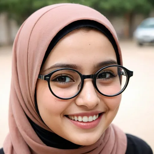 Prompt: a short hijab girl smiling wearing round spectacle