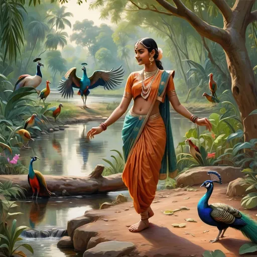 Prompt: indian girl dancing by the stream near a jungle with peacock, peahen, parrots, sparrows and deer in the background