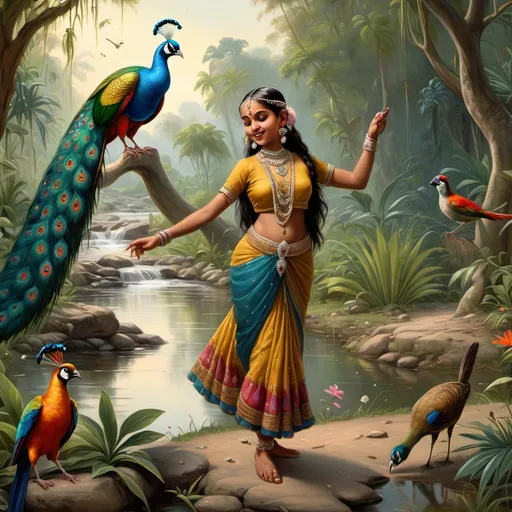 Prompt: a bejeweled indian girl dancing by the stream near a jungle with peacock, parrots, sparrows and deer in the background