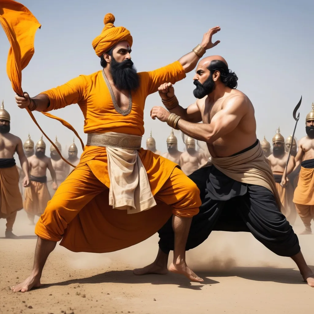 Prompt: a tall, muscular hindu maharaja in a saffron robe fighting a black clad, no moustache and bearded middle eastern man in the battlefield