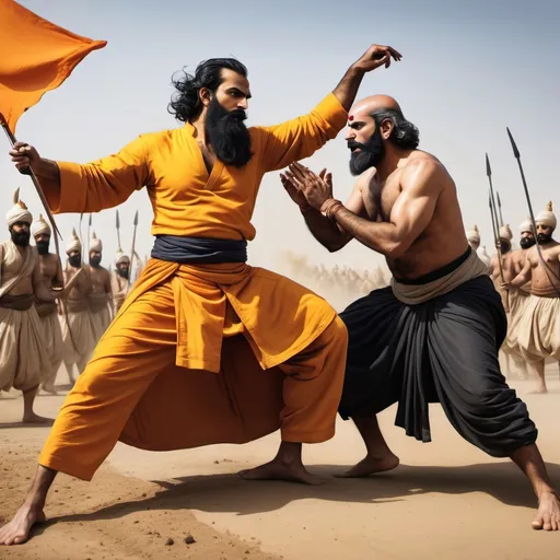 Prompt: a tall, muscular hindu maharaja in a saffron robe fighting a black clad, no moustache and bearded middle eastern man in the battlefield