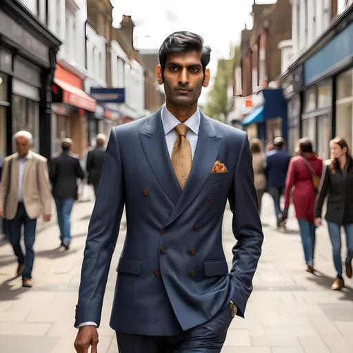 Prompt: Tall  Indian man walking down the high street, double breasted suit, realistic, natural lighting