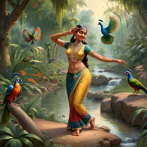 Prompt: a bejeweled indian girl dancing by the stream near a jungle with peacock, parrots, sparrows and deer in the background