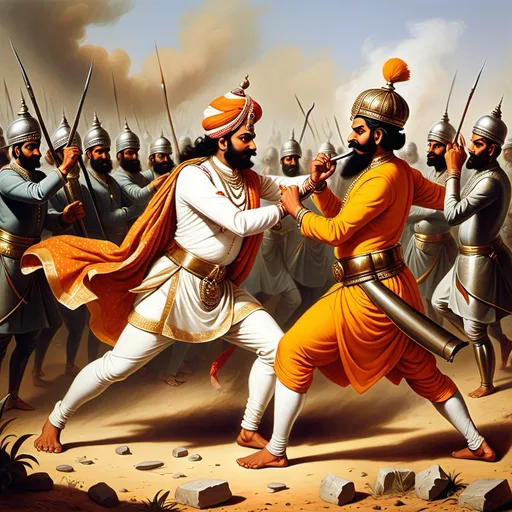 Prompt: a brave hindu maharaja fighting an islamic invader in the battlefield