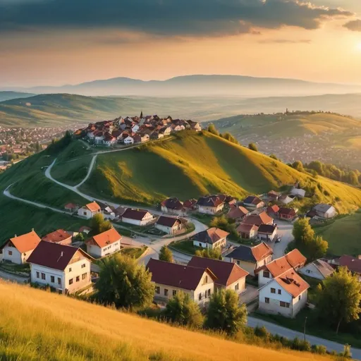 Prompt: romanian small village, golden hour, small road on top of the hill, panoramic city view from top of the hill, birds in the sky, summer nature