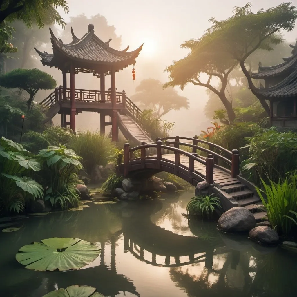 Prompt: small jungle garden, foggy, chinese bridge and pond, choi fish, dramatic dreamy fantasy settlement scene, cinematic lighting, sunrise