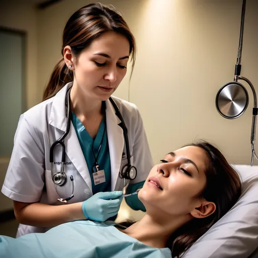 Prompt: (female doctor), attending to a malaria patient, (stethoscope around her neck), compassionate expression, dynamic hospital setting, warm tone lighting, clinical atmosphere, patient in a hospital bed, detailed facial features, professional attire, high quality, ultra-detailed, aiming for a sense of care and urgency, emphasizing the significance of medical attention.