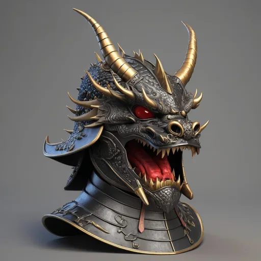 Prompt: Dragon Helmet 3d. Chinese warlord helmet. Adult size. Dragon on top of helmet. Human face open to air.
