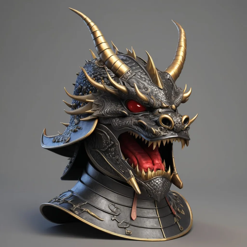 Prompt: Dragon Helmet 3d. Chinese warlord helmet. Adult size. Dragon on top of helmet. Human face open to air.
