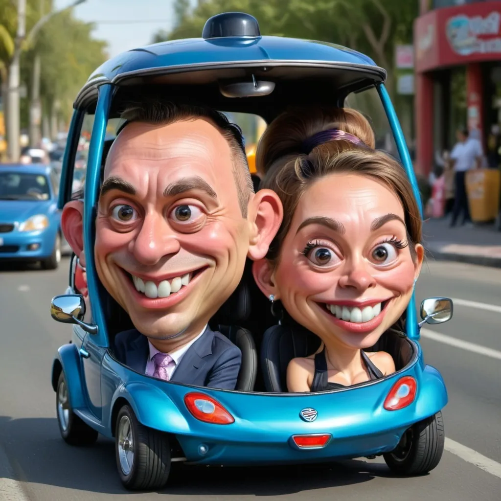 Prompt: Big head male and female driving in a tiny car with big smiles

