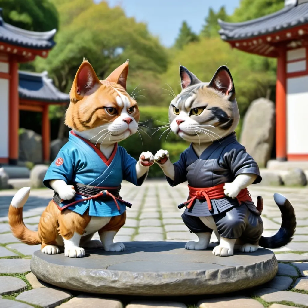 Prompt: Samurai Dog and Samurai Cat facing each other ready to do battle. Standing on a round stone platform.