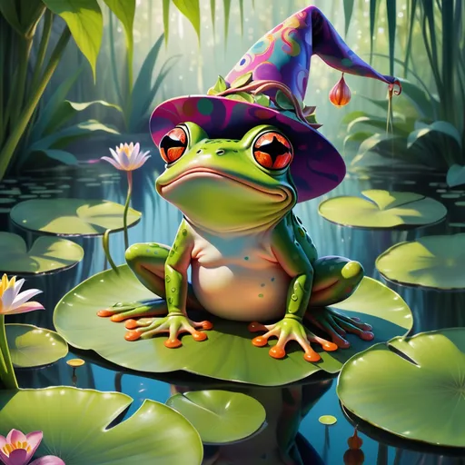 Prompt: Frog wearing a wizard hat, Picasso style,