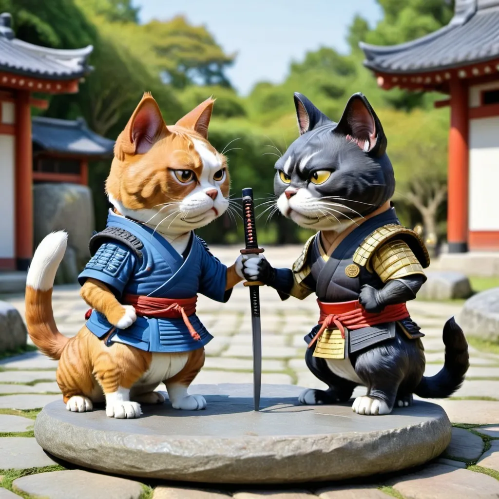 Prompt: Samurai Dog and Samurai Cat facing each other ready to do battle. Standing on a round stone platform.