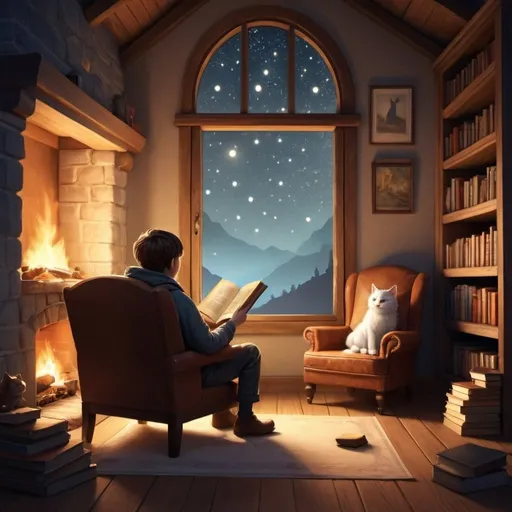 Prompt: Concept
Background: A cozy, warmly-lit room with a large window showcasing a starry night sky. The room has a rustic feel with wooden furniture and bookshelves filled with books.
Main Elements:
Central Figure: A person sitting in an armchair, holding an open book, with a warm glow emanating from the pages. The person could be a child, adult, or elder, representing the timeless appeal of stories.
Floating Elements: Whimsical illustrations of various story elements emerging from the book, such as mythical creatures, faraway castles, adventurous landscapes, and characters from different genres (e.g., a knight, a detective, a spaceship).
Audience: A small group of people (or children) sitting around the central figure, listening intently or watching the illustrations with fascination.
Additional Details: A fireplace with a gentle fire burning, adding to the warmth and coziness of the scene. Maybe a pet (like a cat or dog) lounging nearby to add a homely touch.
Text Overlay (Optional)
Title: "The Art of Storytelling"
Subtitle: "Unleash Your Imagination"
This image would visually encapsulate the essence of storytelling, highlighting its magic, warmth, and ability to captivate audiences of all ages.
