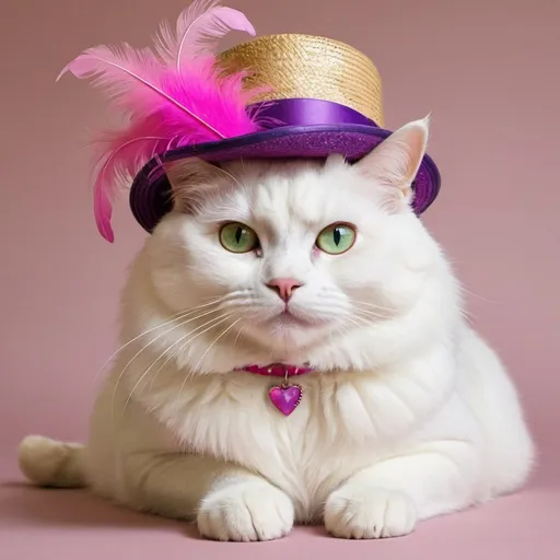 Prompt: A chubby, fluffy cat with a white coat and pink nose is lounging on a brightly colored fedora hat, with a distinctive purple and green striped band around the crown. The hat is adorned with colorful feathers, rhinestones, and a sparkly band around the crown. The cat's paws are curled around the brim of the hat, and its tail is wrapped around the hatband, giving it a cozy, snuggly look.

The background is a warm, sunny yellow with a subtle texture that resembles a canvas or a piece of fabric. The color of the background is so bright and cheerful that it almost seems to glow. The cat's fur is slightly tousled, as if it just woke up from a nap and decided to claim the hat as its own. The cat's expression is sassy, with one eye slightly raised and a hint of a smirk on its face.

The cat's white coat is smooth and silky, with a few loose hairs framing its face. The pink nose is small and pert, and the whiskers are long and fluffy. The hat itself is slightly oversized for the cat, but it looks like it was meant to be worn by a feline friend. The feathers and rhinestones add a touch of glamour and sophistication to the overall design.

Overall, the image is playful, whimsical, and full of personality. It's the perfect illustration for a children's book or a humorous article about cats and their love of hats.