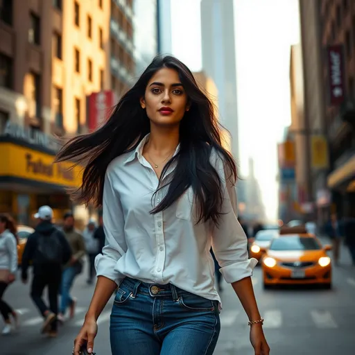 Prompt: Beautiful (stunning Pakistani female), age 25, flowing long black hair, dressed in white shirt and blue jeans, walking gracefully through bustling New York streets, dynamic ambiance, lively city life, warm sunlight casting soft shadows, iconic skyscrapers in the backdrop, vibrant urban atmosphere, ultra-detailed, HD quality.