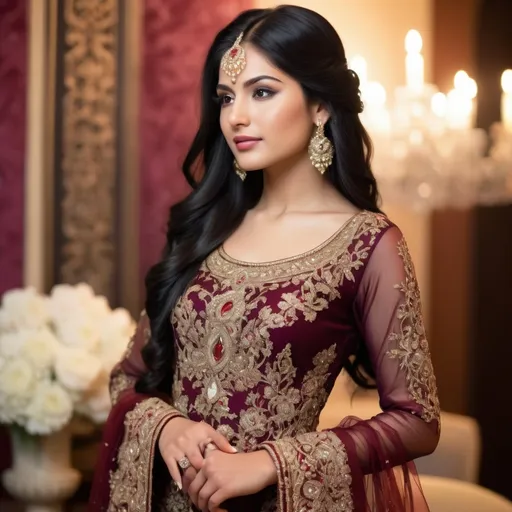 Prompt: A beautiful (Pakistani female), 25 years old, long black hair, wearing a luxurious (maroon wedding gown), radiant expression, adorned with intricate embroidery and delicate jewelry, standing gracefully in a vibrant, richly colored traditional setting, soft romantic lighting enhancing the elegance, floral arrangements adding charm, high-quality, ultra-detailed image with a dreamy allure.